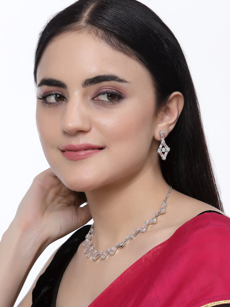 Rhodium-Plated Pink American Diamond Studded Necklace With Earrings Jewellery Set