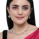 Rhodium-Plated Pink American Diamond Studded Necklace With Earrings Jewellery Set