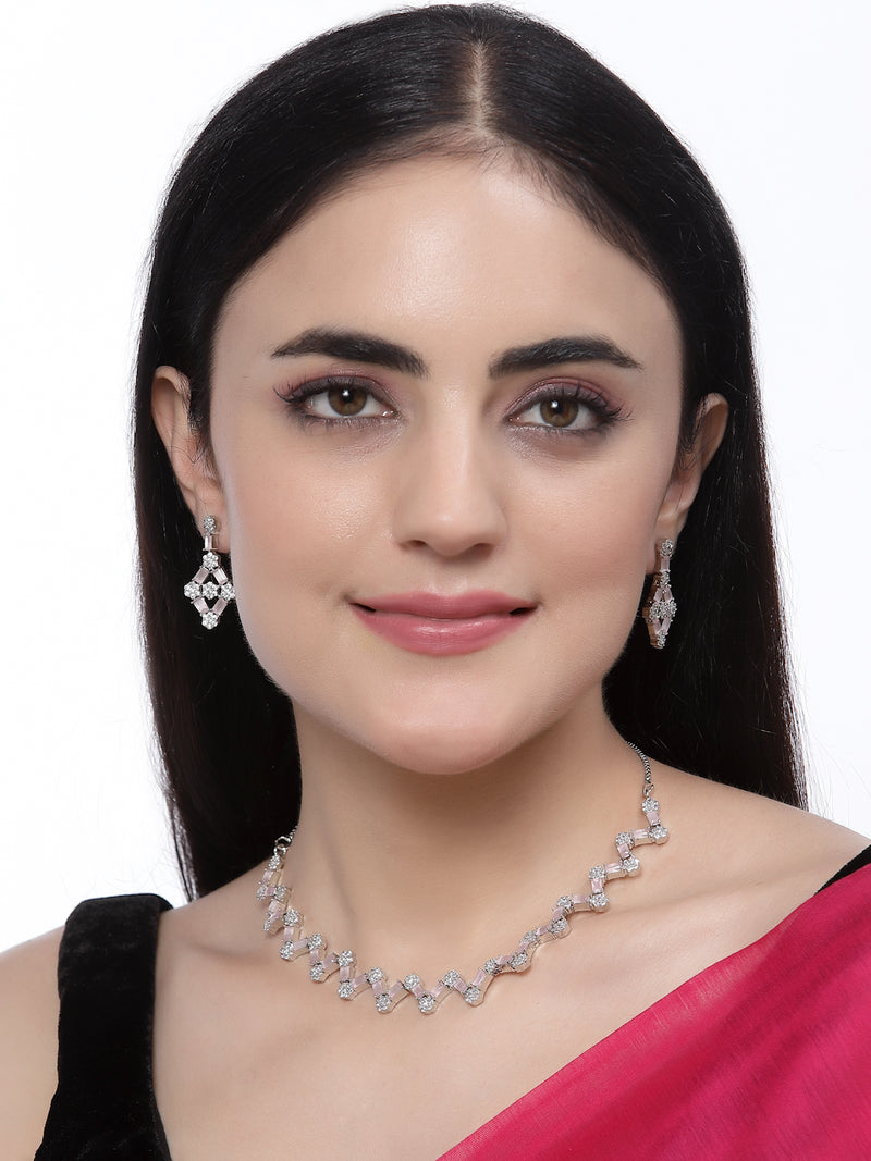 Rhodium-Plated Pink American Diamond Studded Necklace With Earrings Jewellery Set