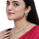 Rhodium-Plated Pink American Diamond Studded Leaf Shaped Necklace with Earrings Jewellery Set