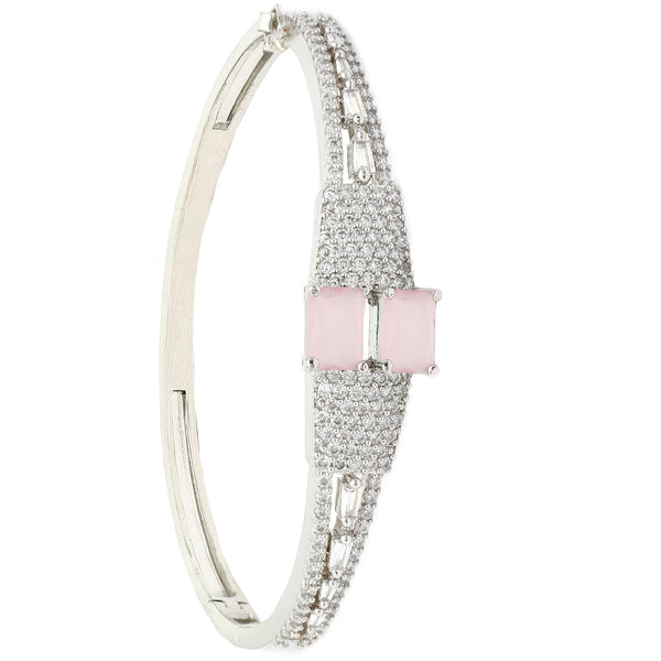 Rhodium-Plated Silver Toned Square Shaped Pink American Diamond Studded Bracelet