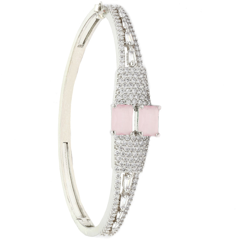 Rhodium-Plated Silver Toned Square Shaped Pink American Diamond Studded Bracelet