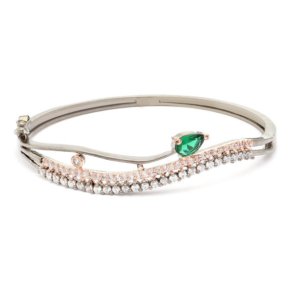 Rhodium Plated Silver Toned Emerald Green Teardrop Shaped American Diamond Stone Studded Kada Bracelet