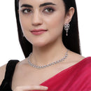 Rhodium-Plated Pink American Diamond Studded Leaf Shaped Necklace with Earrings Jewellery Set