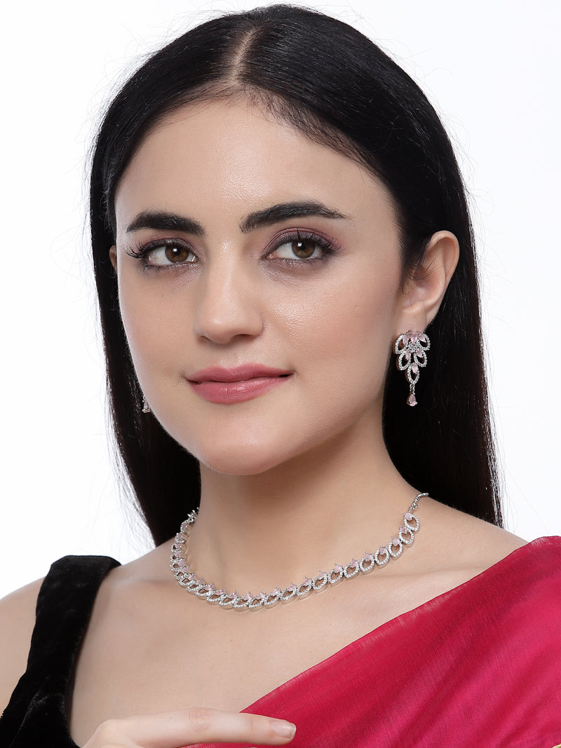 Rhodium-Plated Pink American Diamond Studded Leaf Shaped Necklace with Earrings Jewellery Set