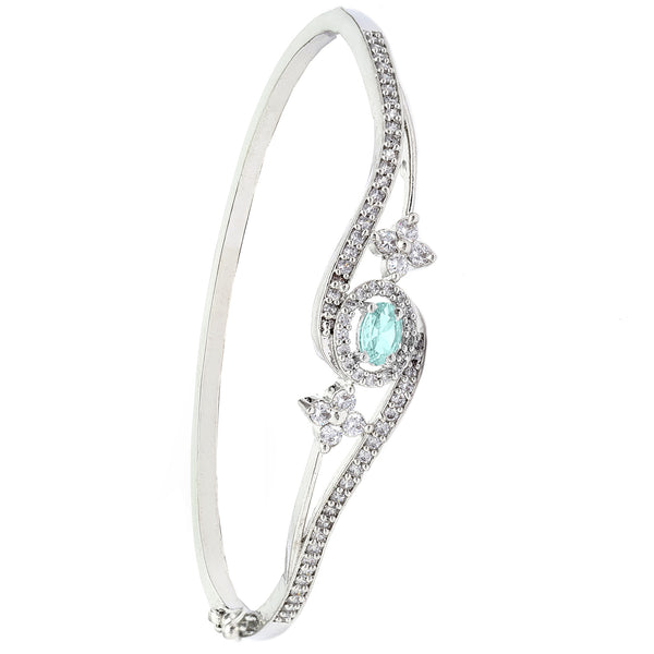 Rhodium Plated Silver Toned Round Sea Green American Diamond Studded  Bracelet