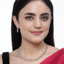 Rhodium-Plated American Diamond Studded Leaf & Circular Shaped Necklace With Earrings Set