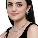 Rhodium-Plated Sea Green American Diamond Studded Leaf Shaped Necklace with Earrings Jewellery Set