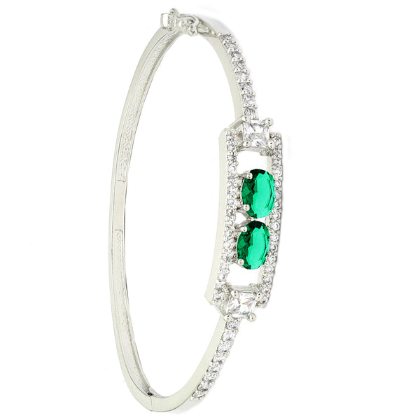 Rhodium-Plated Silver Toned Emerald Green American Diamond Studded Kada Bracelet