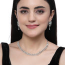 Rhodium-Plated Sea Green American Diamond Studded Leaf Shaped Necklace with Earrings Jewellery Set
