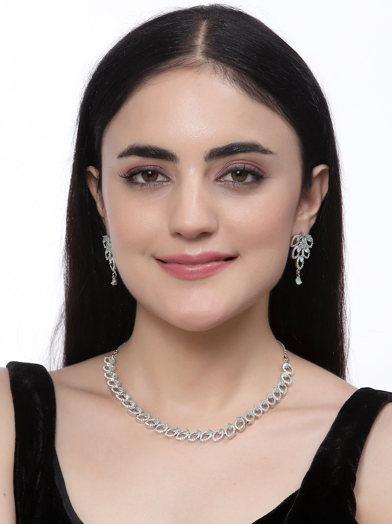 Rhodium-Plated Sea Green American Diamond Studded Leaf Shaped Necklace with Earrings Jewellery Set