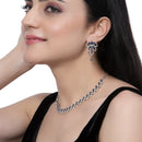 Rhodium-Plated Navy Blue American Diamond Studded Leaf Shaped Necklace with Earrings Jewellery Set