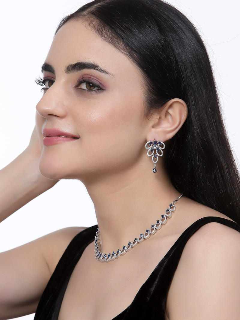 Rhodium-Plated Navy Blue American Diamond Studded Leaf Shaped Necklace with Earrings Jewellery Set