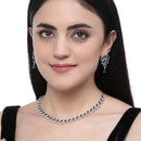 Rhodium-Plated Navy Blue American Diamond Studded Leaf Shaped Necklace with Earrings Jewellery Set