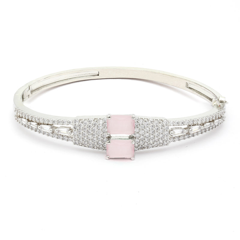 Rhodium-Plated Silver Toned Square Shaped Pink American Diamond Studded Bracelet