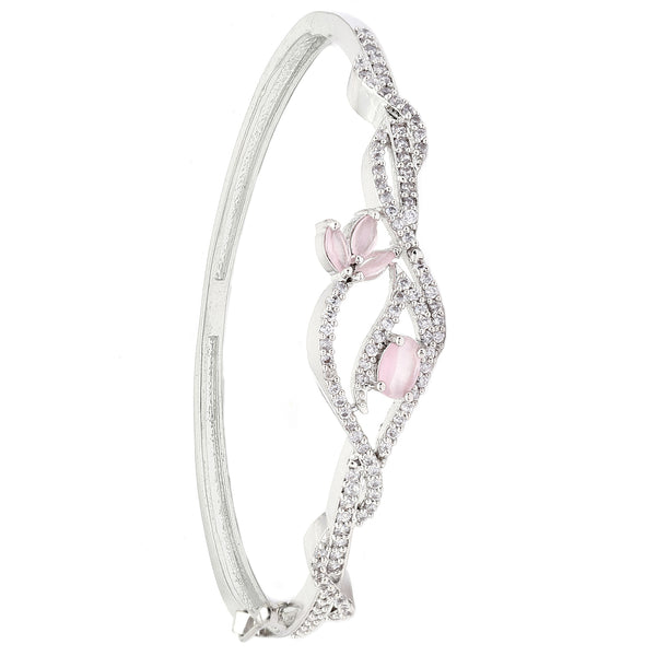Rhodium-Plated Silver Toned Floral Pink American Diamond Studded Kada Bracelet