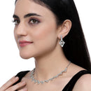 Rhodium-Plated Sea Green American Diamond Studded Necklace With Earrings Jewellery Set