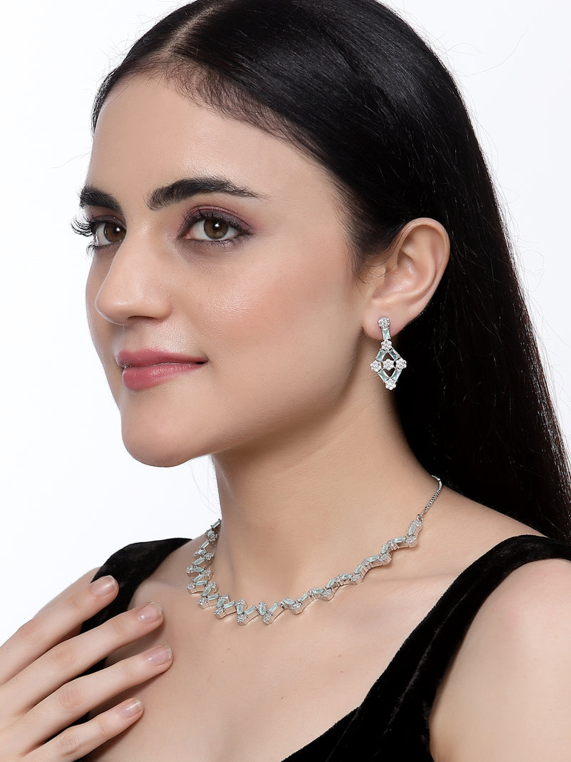 Rhodium-Plated Sea Green American Diamond Studded Necklace With Earrings Jewellery Set