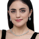 Rhodium-Plated Sea Green American Diamond Studded Necklace With Earrings Jewellery Set
