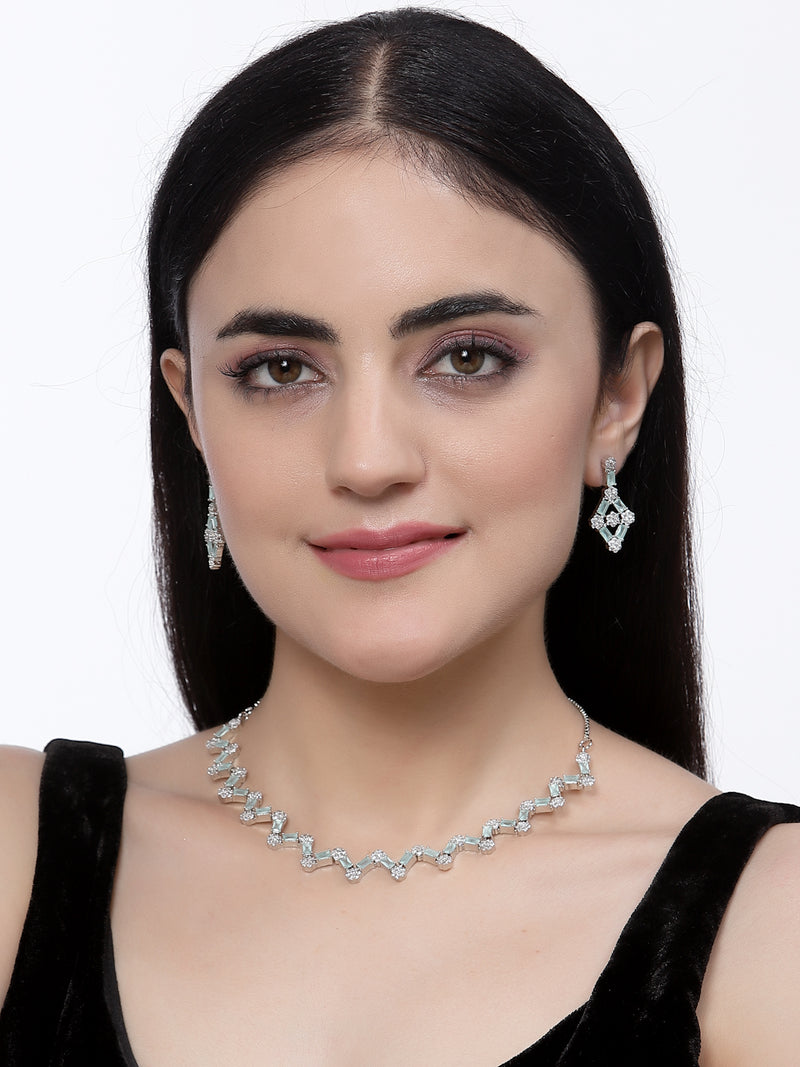 Rhodium-Plated Sea Green American Diamond Studded Necklace With Earrings Jewellery Set