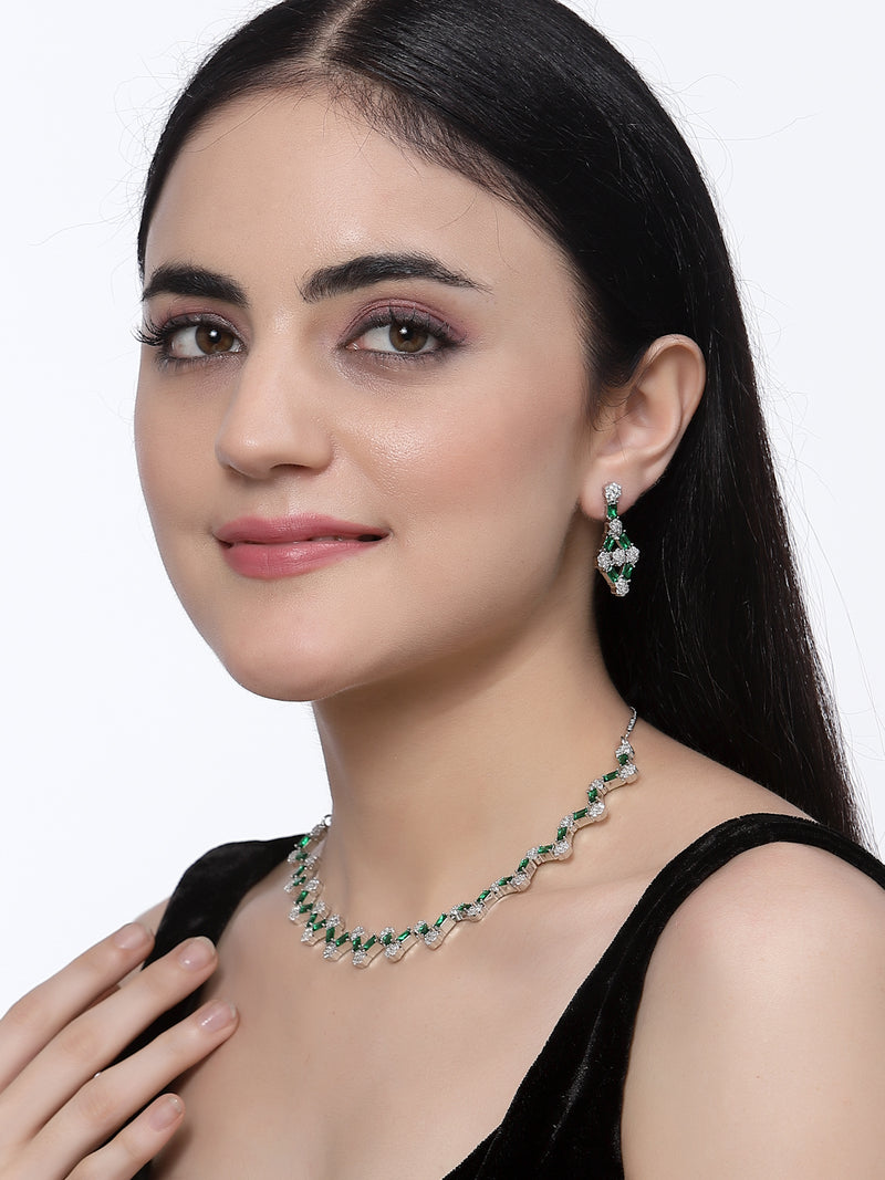Rhodium-Plated Green American Diamond Studded Necklace With Earrings Jewellery Set