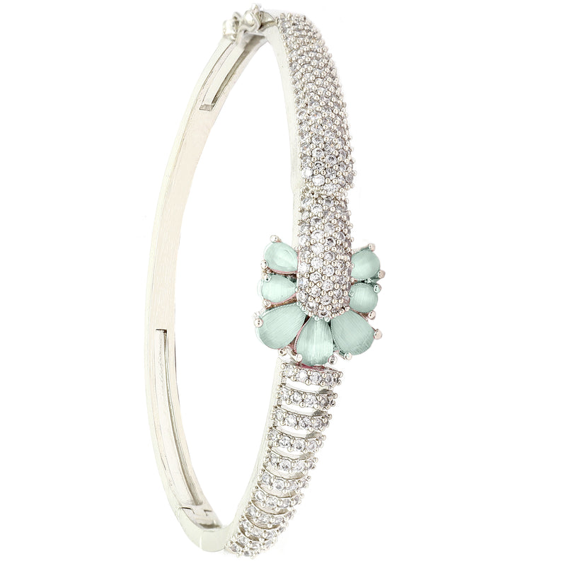 Rhodium-Plated Silver Toned Petal Shaped Sea Green American Diamond Studded Bracelet