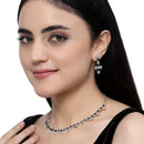 Rhodium-Plated Navy Blue American Diamond Studded Necklace With Earrings Jewellery Set
