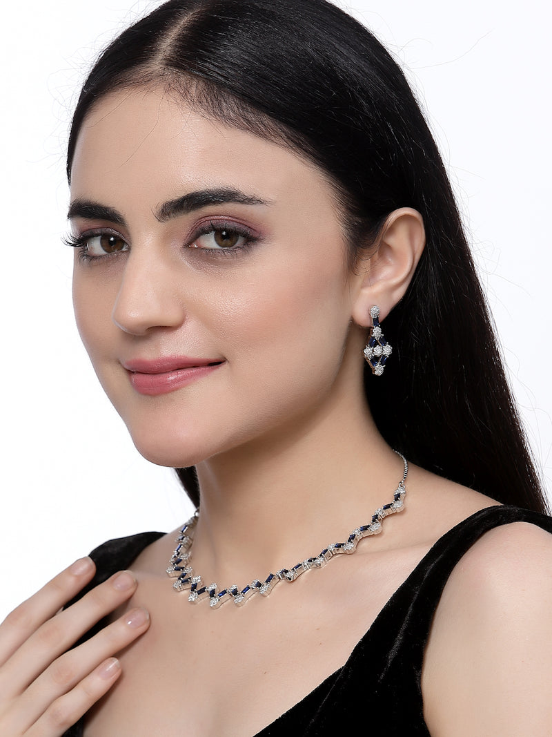 Rhodium-Plated Navy Blue American Diamond Studded Necklace With Earrings Jewellery Set