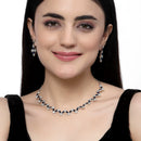Rhodium-Plated Navy Blue American Diamond Studded Necklace With Earrings Jewellery Set