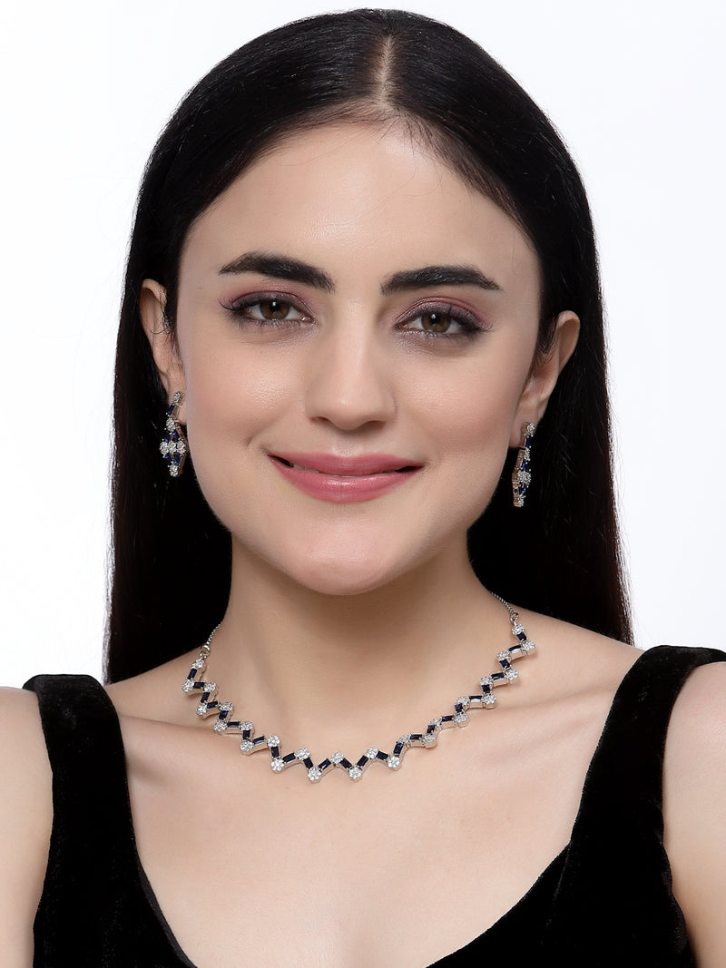 Rhodium-Plated Navy Blue American Diamond Studded Necklace With Earrings Jewellery Set