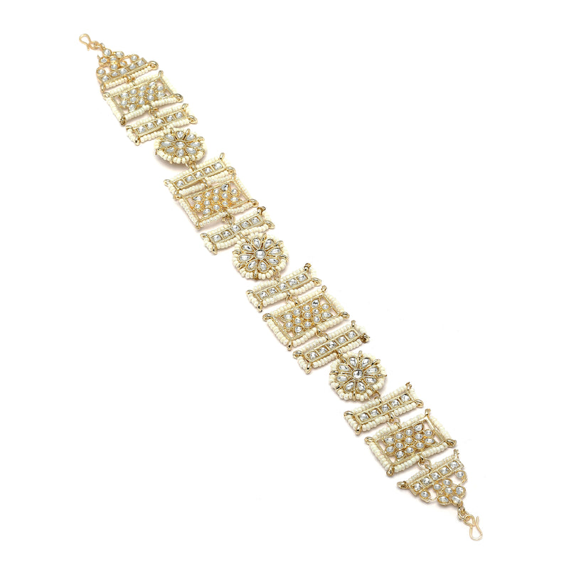 Gold-Plated Square & Round Shape White Kundan studded Matha Patti