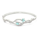 Rhodium Plated Silver Toned Floral Sea Green American Diamond Studded Kada Bracelet