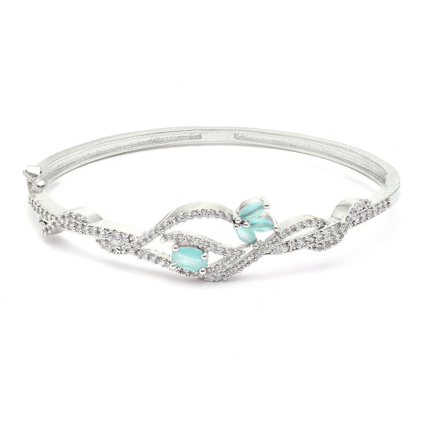 Rhodium Plated Silver Toned Floral Sea Green American Diamond Studded Kada Bracelet