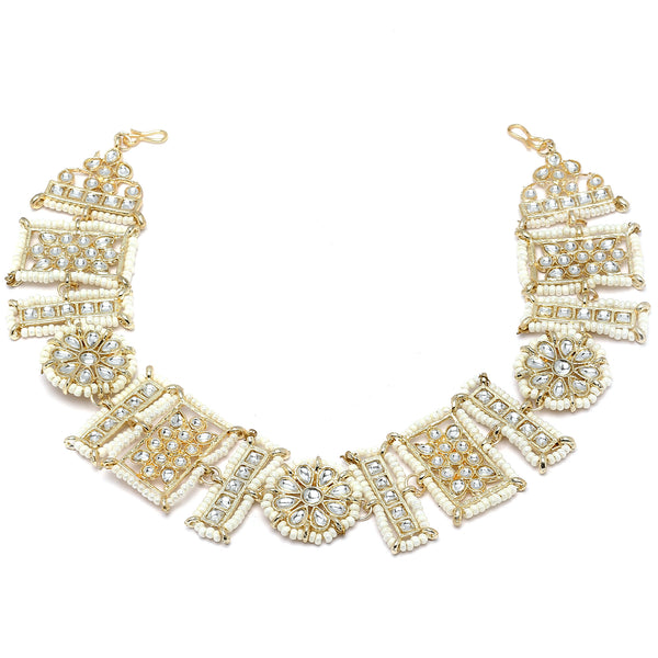 Gold-Plated Square & Round Shape White Kundan studded Matha Patti