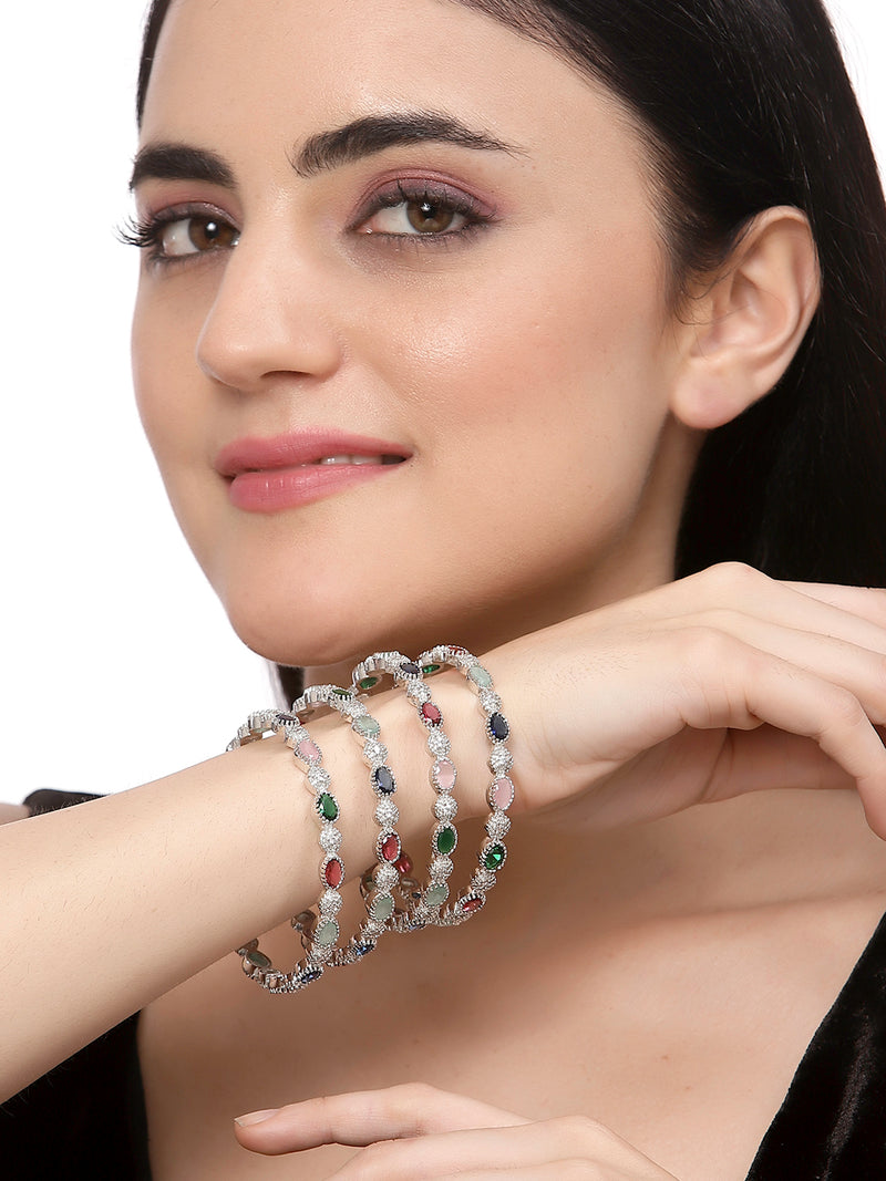 Rhodium-Plated Multi-Colour Oval Shape American Diamond Studded Handcrafted Bangles Set of 4