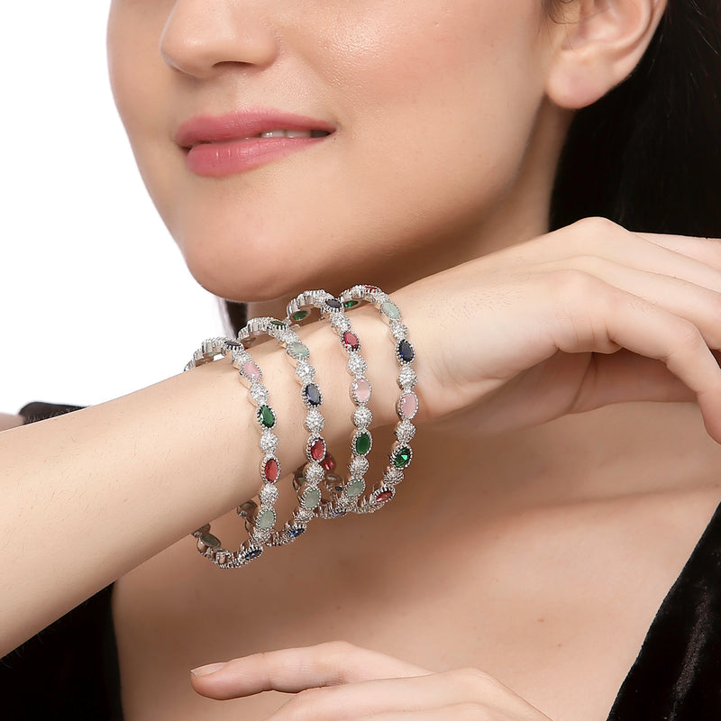 Rhodium-Plated Multi-Colour Oval Shape American Diamond Studded Handcrafted Bangles Set of 4