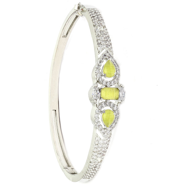 Rhodium-Plated Silver Toned Teardrop & Square Shaped Light Green American Diamond Studded Bracelet