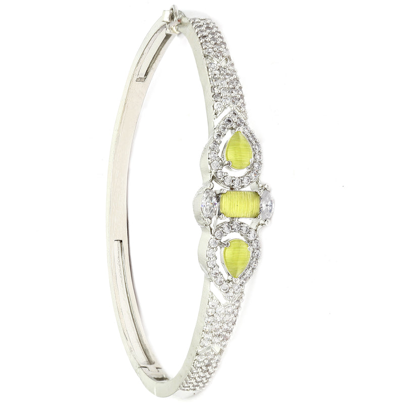 Rhodium-Plated Silver Toned Teardrop & Square Shaped Light Green American Diamond Studded Bracelet