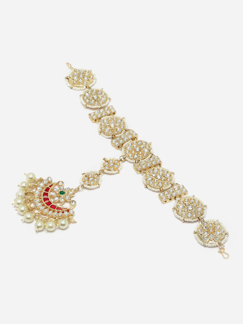 Gold-Plated White Kundan studded Vilandi Crescent Shaped Borla Style Sheeshphool