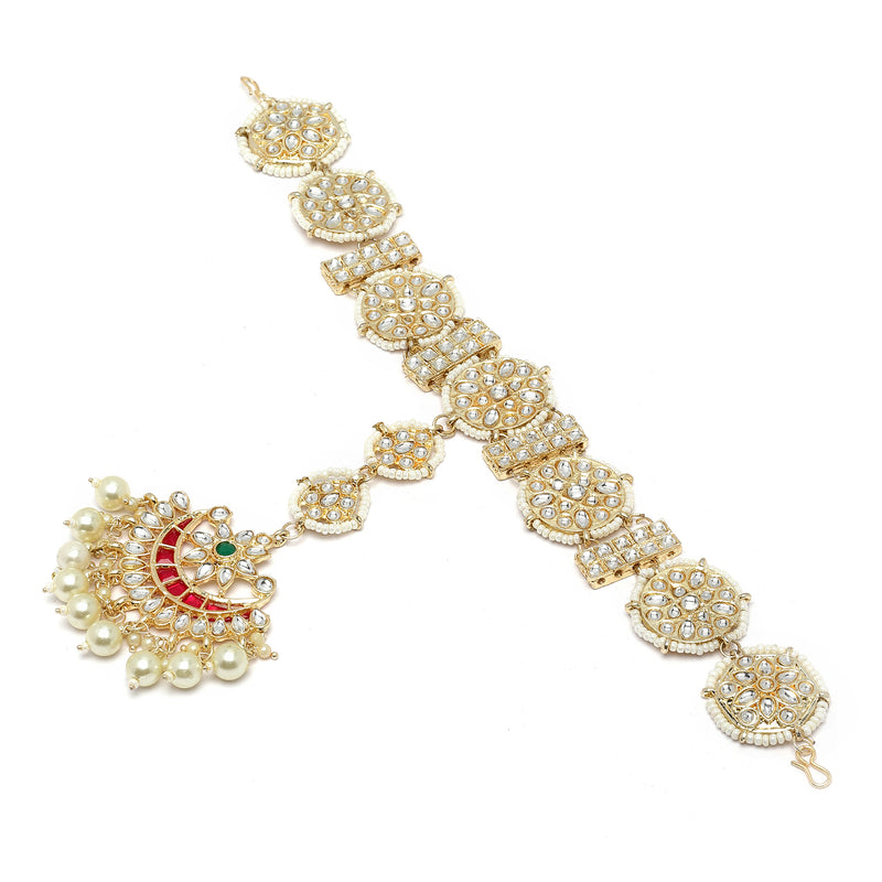 Gold-Plated Round & Rectangular White Kundan studded Crescent Shaped Sheeshphool