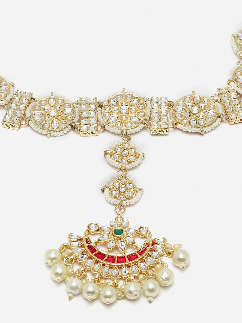 Gold-Plated White Kundan studded Vilandi Crescent Shaped Borla Style Sheeshphool