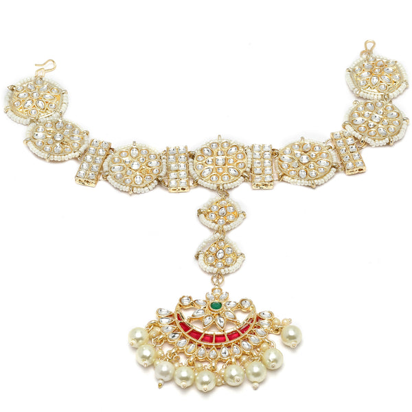Gold-Plated Round & Rectangular White Kundan studded Crescent Shaped Sheeshphool