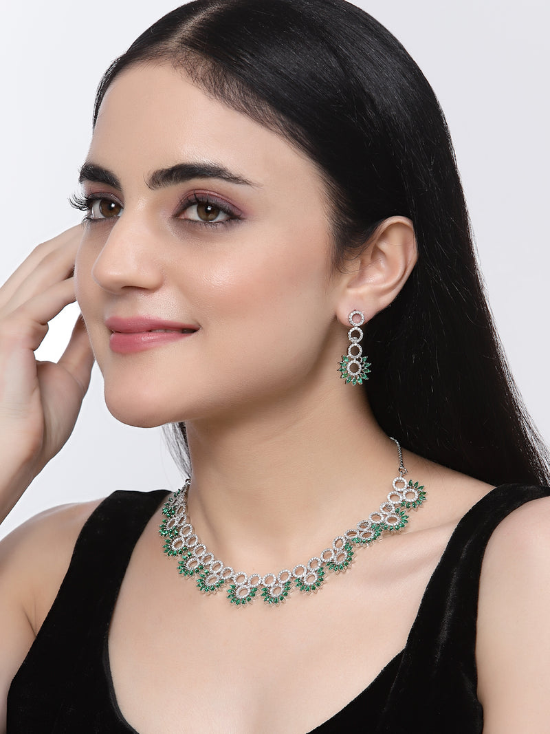 Rhodium-Plated Green American Diamond Studded Classic Necklace with Earrings Jewellery Set