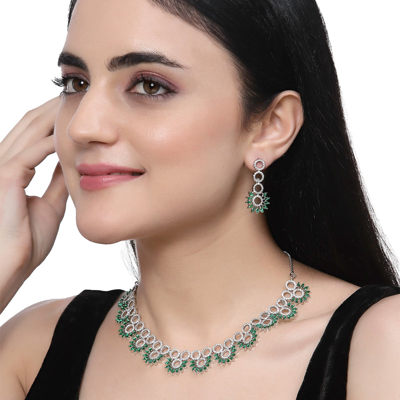 Rhodium-Plated Green American Diamond Studded Classic Necklace with Earrings Jewellery Set