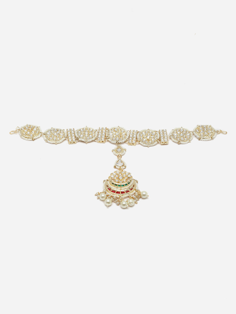 Gold-Plated White Kundan studded Borla Style Vilandi Crescent Shaped Sheeshphool