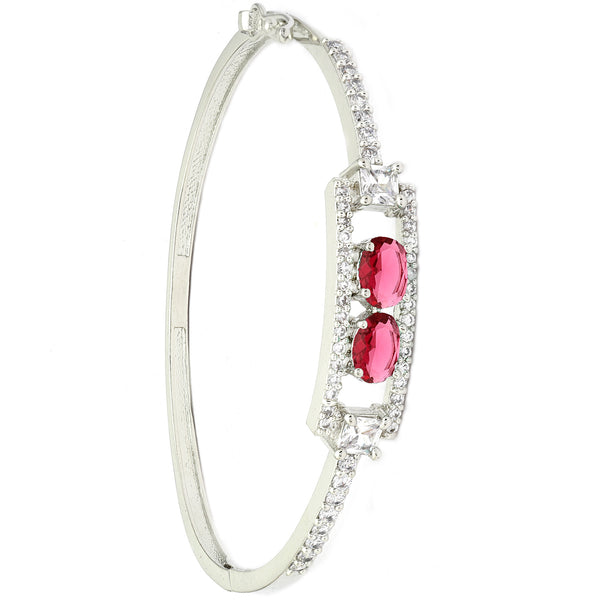 Rhodium-Plated Silver Toned Ruby Red American Diamond Studded Kada Bracelet