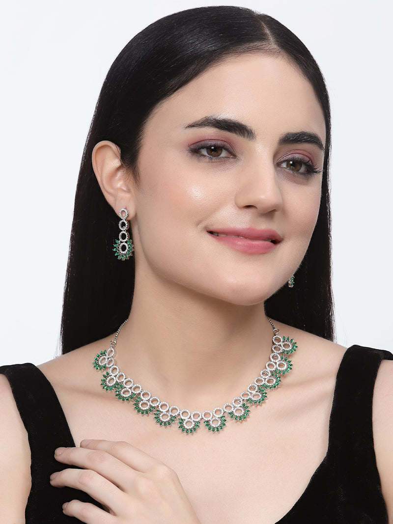 Rhodium-Plated Green American Diamond Studded Classic Necklace with Earrings Jewellery Set