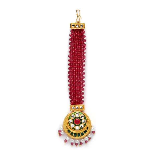 Gold-Plated Round Red Kundan & Pearl Maang Tikka