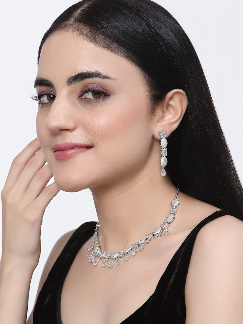 Rhodium-Plated White American Diamond Studded Intriguing Necklace & Earrings Jewellery Set