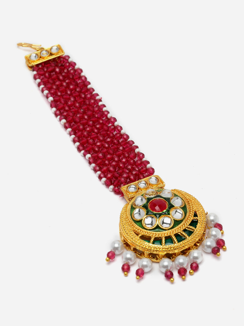 Gold-Plated Multi-Colour Stones & Beads studded-beaded Meenakari Crescent Shaped Maang Tikka
